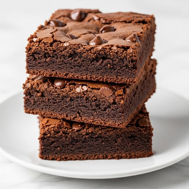 A stack of three rich, dark brown chocolate brownies sits neatly on a white plate, each square layer showing a moist, dense texture with a slightly crumbly edge. The top brownie displays a shiny, crisp surface with slight cracks and several scattered chocolate chips partially melted into the top bark-like crust, adding glossy dark spots. The layers are thick and uniform, highlighting the fudgy interior beneath the crinkled surface, all set against a clean white marbled background. photo taken with an iphone --ar 4:5 --v 7