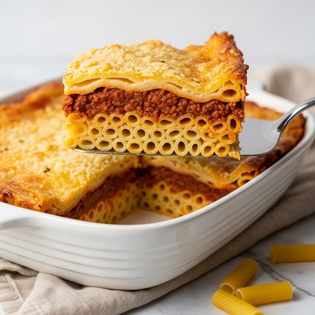 A thick slice of baked pasta pie lifted on a metal spatula shows three distinct layers: a bottom layer of baked short tubular pasta in a light golden color, a middle layer filled with rich, dark red meat sauce with visible ground meat texture, and a top layer of a golden-brown baked cheese or creamy topping that looks soft and slightly browned. The baking dish holding the remaining pasta pie is white with a red edge and sits on a white marbled surface, with a small piece of pasta nearby and a blurred stack of white plates in the background. photo taken with an iphone --ar 4:5 --v 7