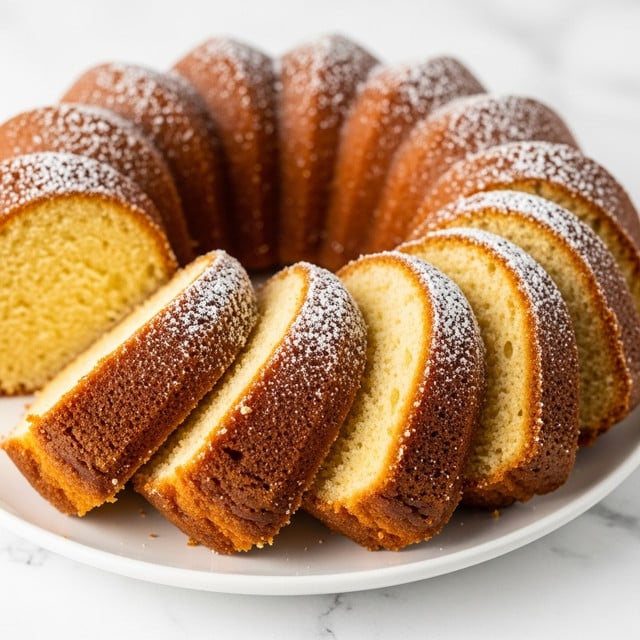 A sliced bundt cake is arranged in a curved line on a white plate, each slice showing a light golden inside with a slightly darker, caramel-brown crust. The top crust of the cake is dusted with a light layer of powdered sugar, adding a soft white contrast to the golden brown. The slices are thick and even, demonstrating a moist and fine texture inside. The white plate sits on a surface with a white marbled texture, giving a clean and bright background. Photo taken with an iphone --ar 4:5 --v 7