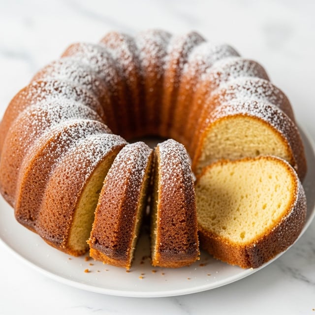 A white plate holds several thick slices of golden brown bundt cake arranged in a loose semi-circle. Each slice shows a soft, light yellow interior with a slightly darker crust edges. The top and sides of the cake are dusted lightly with white powdered sugar, giving a fine, snowy texture that contrasts with the smooth cake surface. The plate rests on a white marbled surface, and the close-up angle highlights the moist crumb and gentle curve of each slice. photo taken with an iphone --ar 4:5 --v 7