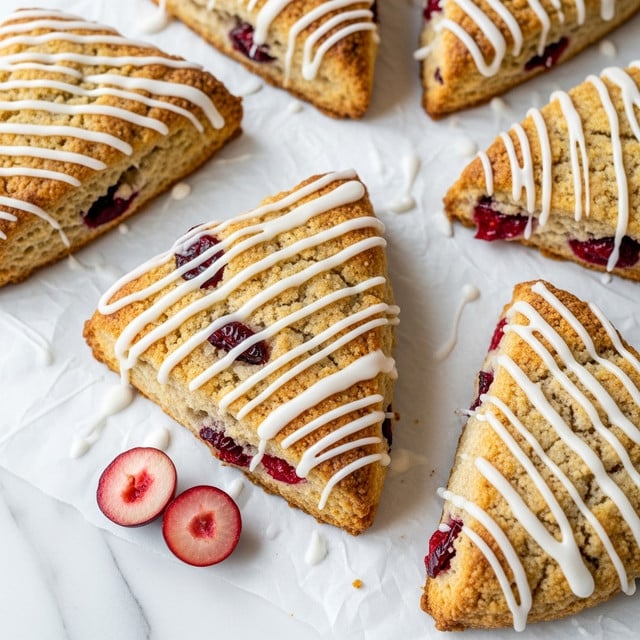 The image shows several triangular scones with a golden brown crust, studded with visible dark red cranberries inside and on the surface. Each scone has a thick, creamy white glaze drizzled loosely over the top, creating thin streaks that contrast with the rough texture of the baked dough. The scones are placed on white crinkled parchment paper that lies on a white marbled surface. Small slices of cranberries are scattered around the scones, adding bright red accents to the soft neutral tones of the baked goods. photo taken with an iphone --ar 4:5 --v 7
