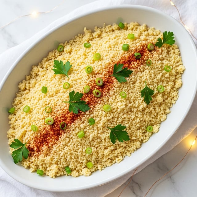 A white oval dish filled with a single layer of small, pale yellow couscous grains that have a soft, fluffy texture. Scattered evenly on top are small green pieces of fresh parsley and tiny red specks of seasoning, adding color contrast. The dish sits on a white marbled surface with some fresh parsley leaves and warm string lights around it, and a beige cloth is partially visible to the right. The overall look is simple and fresh, with light and natural tones. photo taken with an iphone --ar 4:5 --v 7