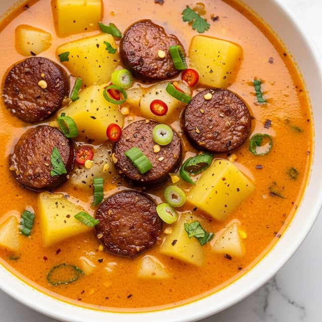 The image shows a close-up of a bowl filled with a rich, creamy orange soup. The soup has several thick slices of browned sausage spread through it, along with large cubes of yellow potatoes and smaller white potato pieces. There are bits of green onions sprinkled on top, adding bright green color, as well as small pieces of herbs and red chili fragments. The soup looks thick with a smooth but slightly chunky texture, with specks of seasoning visible throughout. The bowl is white and rests on a white marbled surface. Photo taken with an iphone --ar 4:5 --v 7