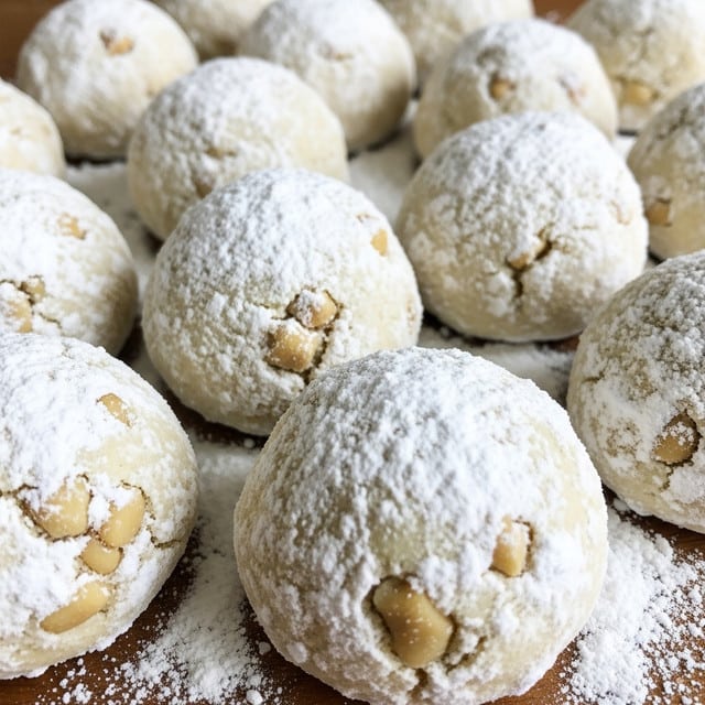 The image shows many round cookies covered in a thick layer of white powdered sugar, giving them a snowy look. The cookies have a light golden color visible underneath the sugar in small patches, showing a slightly rough texture. They are placed closely together on a baking sheet lined with parchment paper, which has a light tan color with some scattered powdered sugar around the cookies. The cookies appear soft and crumbly with a rounded, slightly uneven surface. Photo taken with an iphone --ar 4:5 --v 7