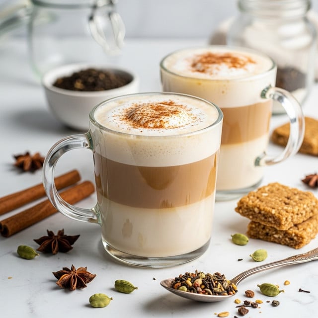 The image shows two clear glass mugs filled with a warm beverage that has three visible layers: a bottom layer of light brown liquid, a middle layer of slightly darker brown, and a thick top layer of creamy white foam dusted with a light sprinkle of cinnamon. The mugs have a handle on the right side and sit on a soft beige cloth over a white marbled surface. Around the mugs are whole cinnamon sticks, star anise, green cardamom pods, a mix of loose spices on a silver spoon, and a square piece of light brown textured snack or biscuit. In the background, there is a small white bowl with loose spices and a clear jar with a golden liquid. The photo taken with an iphone --ar 4:5 --v 7