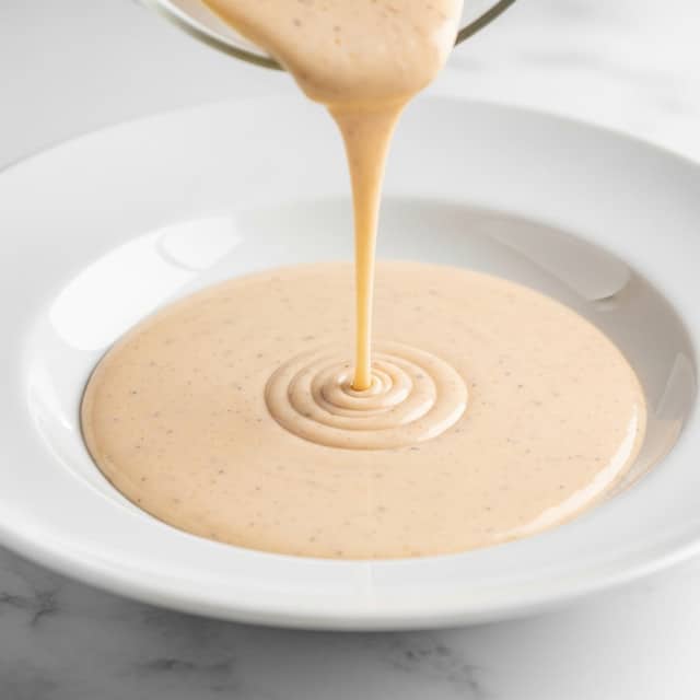 A smooth, light beige creamy liquid is being poured into the center of a large, shallow white plate. The liquid forms a single thick circular layer with a slightly glossy surface, dotted with tiny darker specks evenly spaced across it. The plate sits on a white marbled texture surface, and the stream of liquid creates gentle ripples where it meets the layer below. photo taken with an iphone --ar 4:5 --v 7