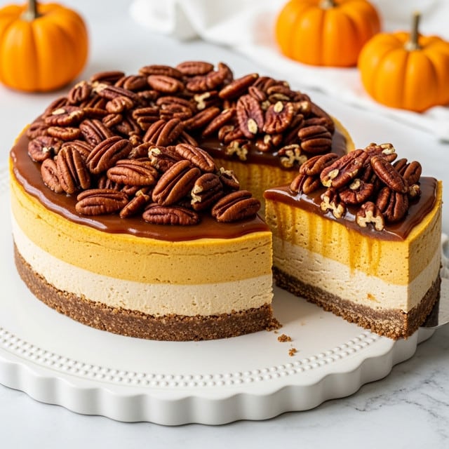 A round pumpkin cheesecake with a thick brown crust forms the bottom layer. The middle layer is creamy orange pumpkin cheesecake with a smooth texture and vertical lines on the side. The top layer is a glossy caramel glaze covered with a mix of shiny toasted pecans. One slice is removed showing the inside layers clearly. The cheesecake sits on a white plate with a ridged edge on a white marbled surface. In the background are two whole pumpkins on a soft orange cloth and a stack of white plates with a slice of cheesecake on top. Photo taken with an iphone --ar 4:5 --v 7