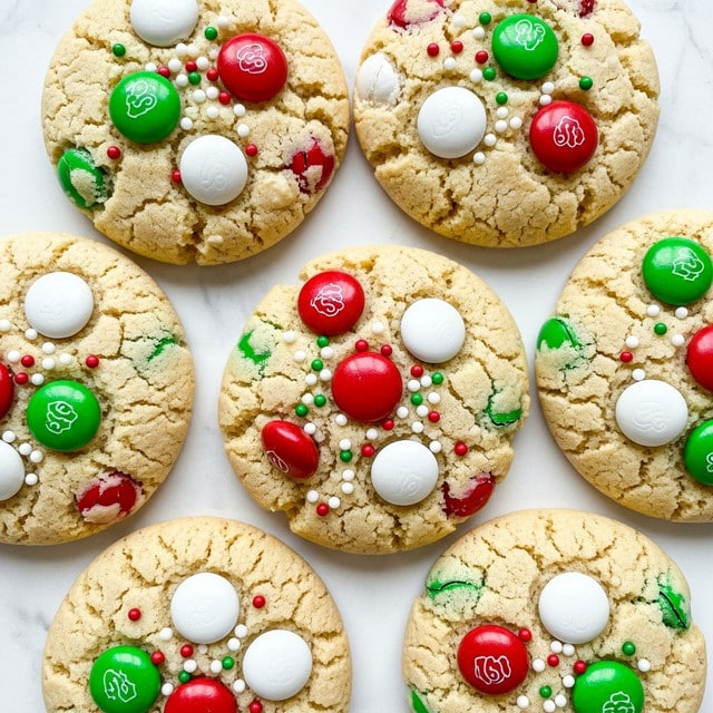 The image shows five round cookies placed closely together on a white marbled surface. Each cookie has a light golden-brown color with a slightly cracked texture on top. On the surface of every cookie, there are small, colorful candy pieces in red, green, and white, along with tiny white sprinkles scattered randomly. The candies are smooth and glossy, with the red and green ones being larger and round, while the white ones are smaller and round, creating a festive and cheerful look. photo taken with an iphone --ar 4:5 --v 7