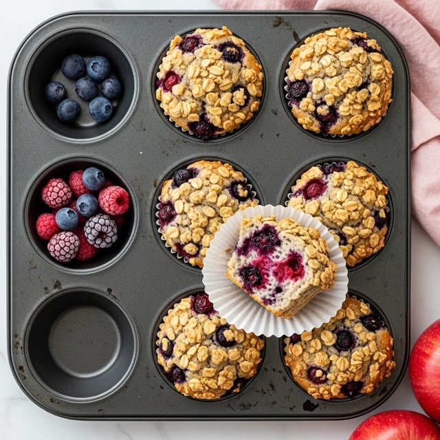 A dark metal muffin tray holds eight freshly baked mixed berry muffins with one removed from its white paper liner, resting tilted on the tray’s edge showing the berry-filled bottom and crumbly oat topping. The muffins have a light golden base color with visible dark red and blue berries embedded throughout, topped with textured golden oat clusters. To the left, one empty muffin slot contains loose frozen berries, bright red and blue, adding color contrast to the scene. The tray sits on a white marbled surface, partly covered by a soft pink cloth in the upper right corner. The arrangement includes hints of red apples at the bottom right edge, enhancing a fresh, cozy atmosphere. Photo taken with an iphone --ar 4:5 --v 7