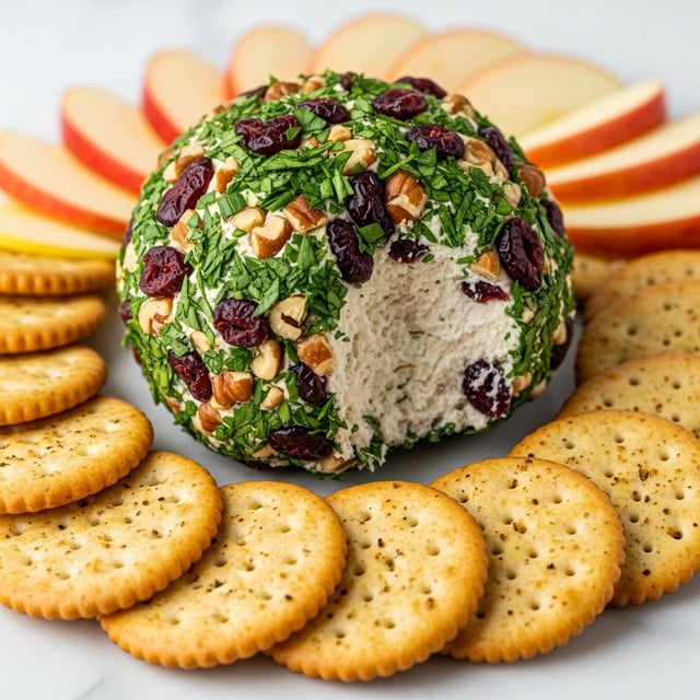 A round cheese ball with three layers is in the center: the inside layer is creamy white cheese, the middle layer is covered with chopped nuts in light brown, and the outermost layer is mixed with dark red dried cranberries and green herbs, giving a colorful, textured look. The cheese ball sits on a white marbled surface surrounded by round, light brown crackers sprinkled with seeds and small green herb leaves. To the upper left, there are thin slices of red and yellow apple leaning against the crackers, all on the white marbled background. photo taken with an iphone --ar 4:5 --v 7