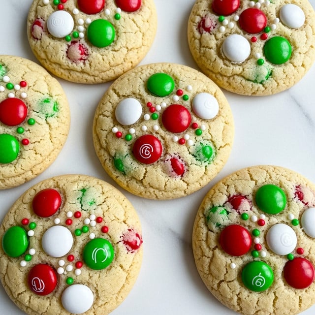 Round cookies with a golden-brown color, each topped with red, green, and white round candy pieces arranged evenly across the surface. The cookies have a slightly cracked texture and are sprinkled with small red, white, and green round sprinkles, creating a festive look. They are placed on a white marbled surface, clustered together with some candies and sprinkles scattered around. The image is brightly lit, highlighting the shiny candy pieces and the soft texture of the cookies. photo taken with an iphone --ar 4:5 --v 7