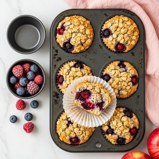 Nine berry muffins with crumb topping sit in a black muffin tray on a white marbled surface. Each muffin has a base layer of light golden brown batter with visible swirls of red and purple berry filling inside. On top of the batter, there is a crunchy, crumbly layer of golden oats and nuts covering parts of the muffins unevenly. Some whole berries, like dark blueberries and bright red raspberries, are scattered on top, adding contrast. One muffin is removed from its white paper liner and placed tilted in the tray, showing the side with berry spots. Next to the muffins in the tray is a small cup filled with frozen raspberries. To the side, two whole red apples and a soft pink cloth partly appear. The light is soft, making the textures look fresh and inviting. photo taken with an iphone --ar 4:5 --v 7