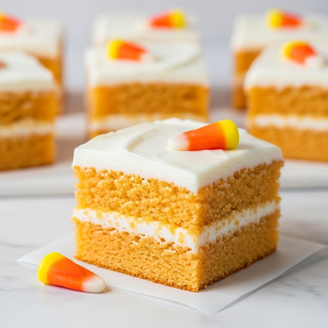 The image shows a square piece of layered cake resting on light brown parchment paper over a wooden board, with a white marbled texture below. The cake has two visible layers: the bottom layer is a thick, soft-looking orange-yellow sponge with a moist and slightly rough texture, and the top layer is a smooth, creamy white frosting about one-third the height of the sponge layer. On top of the frosting, three small candy corns, each with bright yellow, orange, and white segments, are placed with a shiny and slightly translucent look. The focus is on the front cake square, with similar cake pieces blurred in the background. photo taken with an iphone --ar 4:5 --v 7