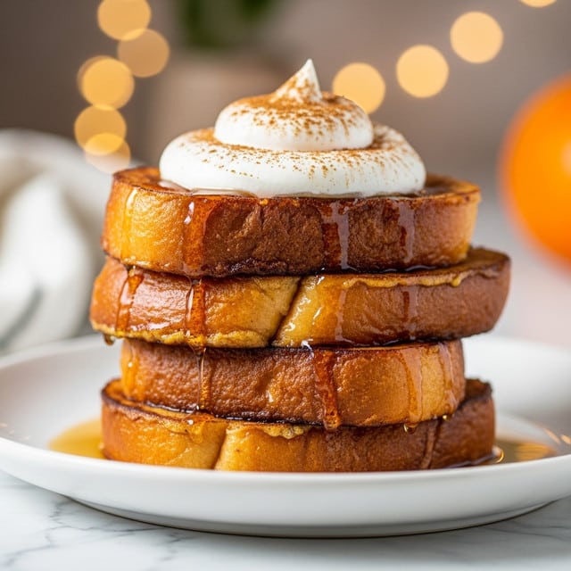 A stack of four thick, golden-brown slices of French toast rests on a white plate, showing slightly crispy edges and a soft, fluffy texture inside. The top slice is garnished with a swirl of white whipped cream dusted with light brown cinnamon powder. The stack appears moist, with a shiny glaze of syrup dripping gently down the sides. The background features a soft blur with a warm, cozy feel and a white marbled surface below. photo taken with an iphone --ar 4:5 --v 7