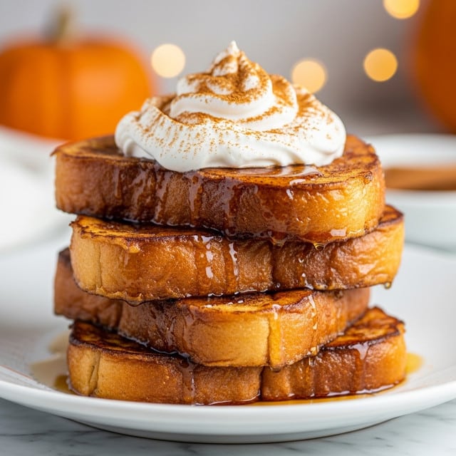 A stack of four thick slices of golden-brown French toast with a slightly crispy texture is placed on a white plate, each piece layered closely on top of the other, showing a soft, fluffy inside with some bite marks. On top of the stack, there is a generous swirl of white whipped cream sprinkled with a light dusting of cinnamon powder. The background is softly blurred with warm hues and a white marbled texture beneath the plate. photo taken with an iphone --ar 4:5 --v 7