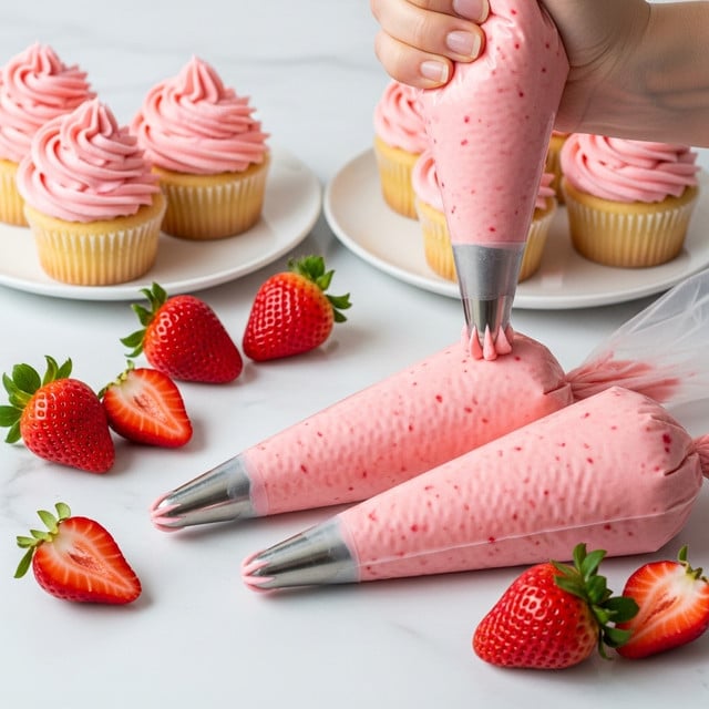 The image shows a close-up of two clear plastic piping bags filled with pink frosting, lying on a white marbled surface. Next to the bags is a white bowl filled with fresh red strawberries. In the foreground, there are two cupcakes topped with swirled pink frosting, each with a smooth, creamy texture and a light airy sign. There are also a few halved strawberries scattered around the surface. The overall color palette is soft pink and red with a clean white marbled background, emphasizing the rich texture of the frosting and fresh fruit. Photo taken with an iphone --ar 4:5 --v 7