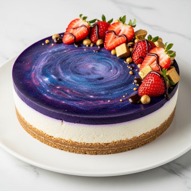 A round cake with three layers sits on a white plate over a white marbled texture. The bottom layer is a crumbly light brown crust. The middle layer is smooth and creamy off-white. The top layer is a shiny, colorful galaxy glaze with deep blues, purples, and bright spots like stars. On top, there are halved red strawberries, small chopped nuts, and dark chocolate drizzle that slightly runs down the side. photo taken with an iphone --ar 4:5 --v 7