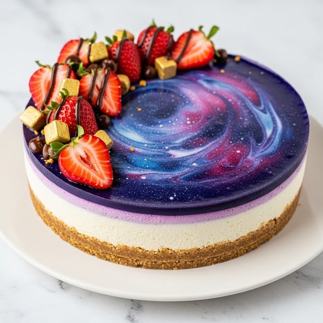 A round cheesecake with three distinct layers sits on a white plate over a white marbled texture. The bottom layer is a thick, crumbly, golden-brown crust. Above it is a smooth, creamy white middle cheesecake layer. The top layer is a glossy swirl of deep blue and purple shades with shimmering flecks that give a galaxy-like effect. On top, halved bright red strawberries, small golden chunks, and drizzles of dark chocolate sauce decorate one side. Photo taken with an iphone --ar 4:5 --v 7