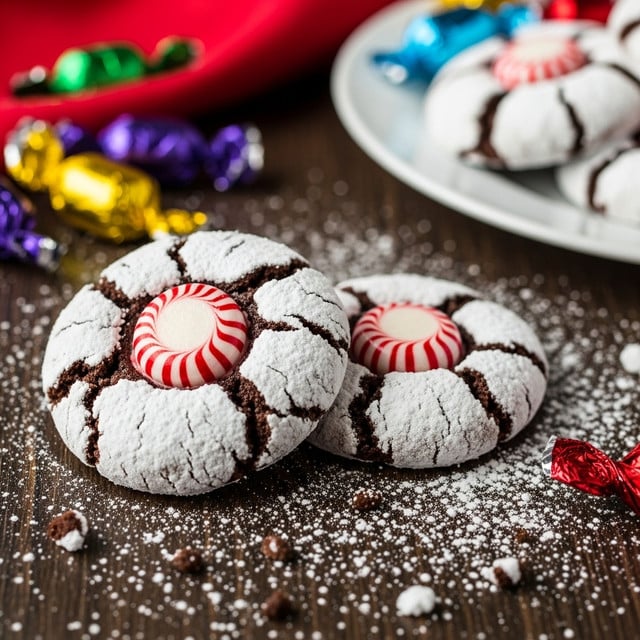 The image shows two round chocolate cookies with a cracked surface dusted in white powdered sugar. Each cookie has a red and white swirled peppermint candy pressed into the center. The cookies rest on a dark wood surface lightly sprinkled with powdered sugar and a few small cookie crumbs. In the background, part of a white plate with more cookies is visible, along with colorful foil-wrapped candies and a red cloth. photo taken with an iphone --ar 4:5 --v 7