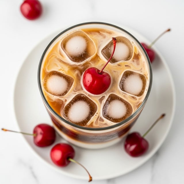 A close-up top view of a clear glass filled with iced coffee, showing two main layers: the bottom dark brown coffee layer and the top layer of light tan cream swirling around the ice cubes. Several large, clear ice cubes are spread throughout the drink, with a bright red cherry sitting on top of the ice in the center of the glass. The glass rests on a white plate which holds four more red cherries around its edge, all on a white marbled surface. photo taken with an iphone --ar 4:5 --v 7