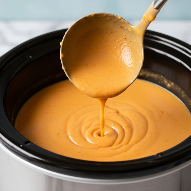 A close-up image shows a black slow cooker filled with creamy, smooth orange-colored soup. A ladle is held just above the soup, dripping a little liquid back into the pot. The soup has a thick and velvety texture with a glossy surface, and the ladle's inside is fully coated with the same orange soup. The background is softly blurred with a light blue tone and the cooker is set against a white marbled surface. photo taken with an iphone --ar 4:5 --v 7