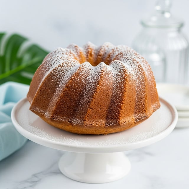 A single large bundt cake sits on a white pedestal cake stand against a white marbled surface. The cake is golden brown with a soft texture, shaped with tall pointed ridges around its sides and a smooth rounded top, dusted generously with fine white powdered sugar that settles into the cake’s crevices and on the surrounding stand. The backdrop is softly blurred with blue fabric and a green leaf on one side, and next to the cake are clear glass containers adding elegance to the setting. photo taken with an iphone --ar 4:5 --v 7