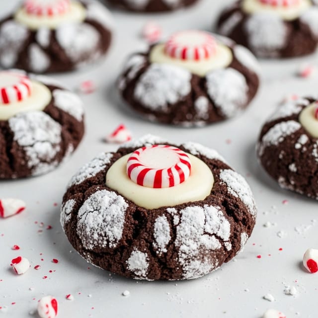 The image shows several dark chocolate crinkle cookies with a cracked texture, dusted with white powdered sugar on top. Each cookie has a visible indentation filled with a smooth, creamy white layer, topped with a whole red and white striped peppermint candy. The cookies are placed on a white marbled surface with some broken peppermint crumbs scattered around. The focus is on one cookie in the foreground, with others slightly blurred in the background, creating a cozy and festive look. photo taken with an iphone --ar 4:5 --v 7