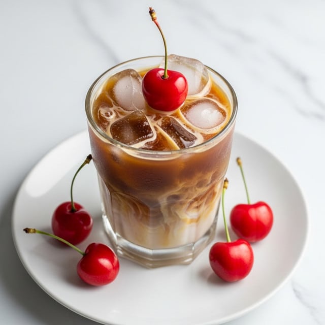 A clear glass filled with dark iced coffee and large ice cubes floating on top, layered with a creamy light brown swirl mixing into the drink. On top of the ice and cream sits a bright red cherry with its stem upright, centered perfectly. The glass rests on a white plate holding three more vibrant red cherries with green stems around its base. The whole setup is placed on a white marbled surface, giving a fresh and clean look. photo taken with an iphone --ar 4:5 --v 7