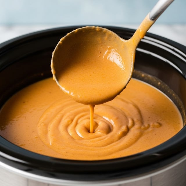 A close-up image of a ladle holding smooth, creamy, light orange sauce being lifted from a black slow cooker filled with the same sauce. The sauce has a consistent texture and glossy surface, showing the thick yet pourable quality as it drips slowly back into the cooker. The slow cooker sits against a white marbled texture background, and the ladle is shown from the side with part of the handle visible. Photo taken with an iphone --ar 4:5 --v 7