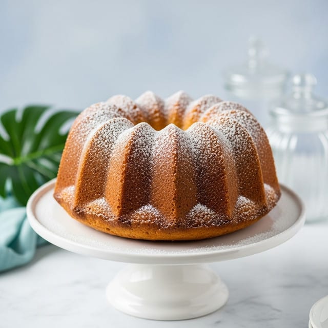 This image shows a tall, round bundt cake with a textured, ridged surface and pointed peaks all around the top edge. The cake is golden brown with a light dusting of white powdered sugar spread unevenly, highlighting its ridges and peaks. The cake sits centrally on a white cake stand with a wide flat base, placed on a white marbled surface. The background is softly blurred with cool blue tones and a small green leaf visible on the right side. Photo taken with an iphone --ar 4:5 --v 7