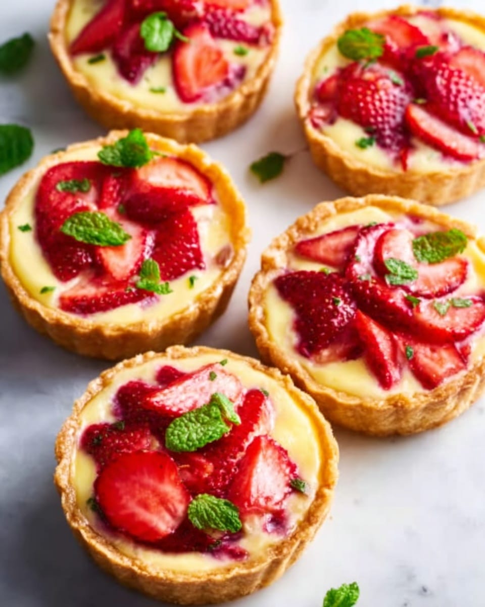 The image shows five small tartlets placed on a white marbled surface, each tartlet having a golden brown crust with a smooth, creamy yellow filling. On top of the filling are pieces of fresh, bright red strawberries scattered evenly, with a few small green mint leaves adding color contrast. The tartlets have a slightly uneven, natural edge to their crust, showing a homemade style. Away from the tartlets, there are whole strawberries and a sprig of fresh mint, adding to the fresh and inviting look. Photo taken with an iphone --ar 4:5 --v 7