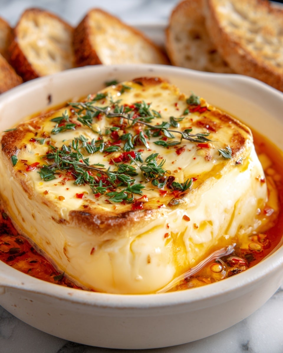 A single large square of golden-brown melted cheese sits in a white bowl with a black rim, surrounded by a rich, orange sauce. The cheese has a smooth, creamy texture with browned edges and is topped with small green herb leaves and red pepper flakes scattered finely on the surface. Around the bowl, slices of seeded bread are partially visible. The background is a white marbled texture. photo taken with an iphone --ar 4:5 --v 7
