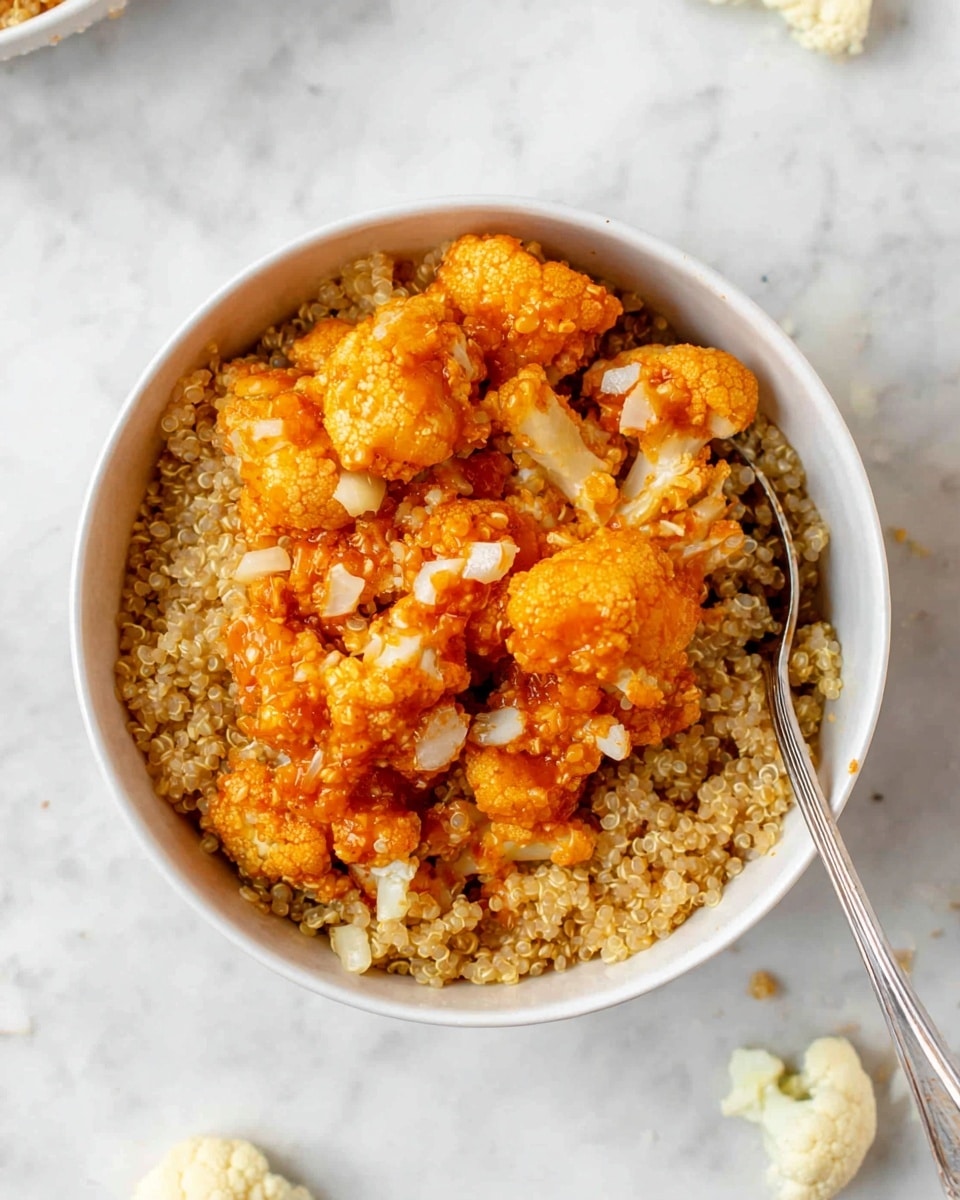 A white bowl filled with cooked quinoa and roasted cauliflower pieces. The quinoa is light beige with a soft, grainy texture, while the cauliflower pieces are golden brown with a slightly crispy, roasted look. A silver spoon is placed inside the bowl, partially submerged in the quinoa and cauliflower mix. The bowl sits on a white marbled surface with small bits of quinoa scattered around. photo taken with an iphone --ar 4:5 --v 7