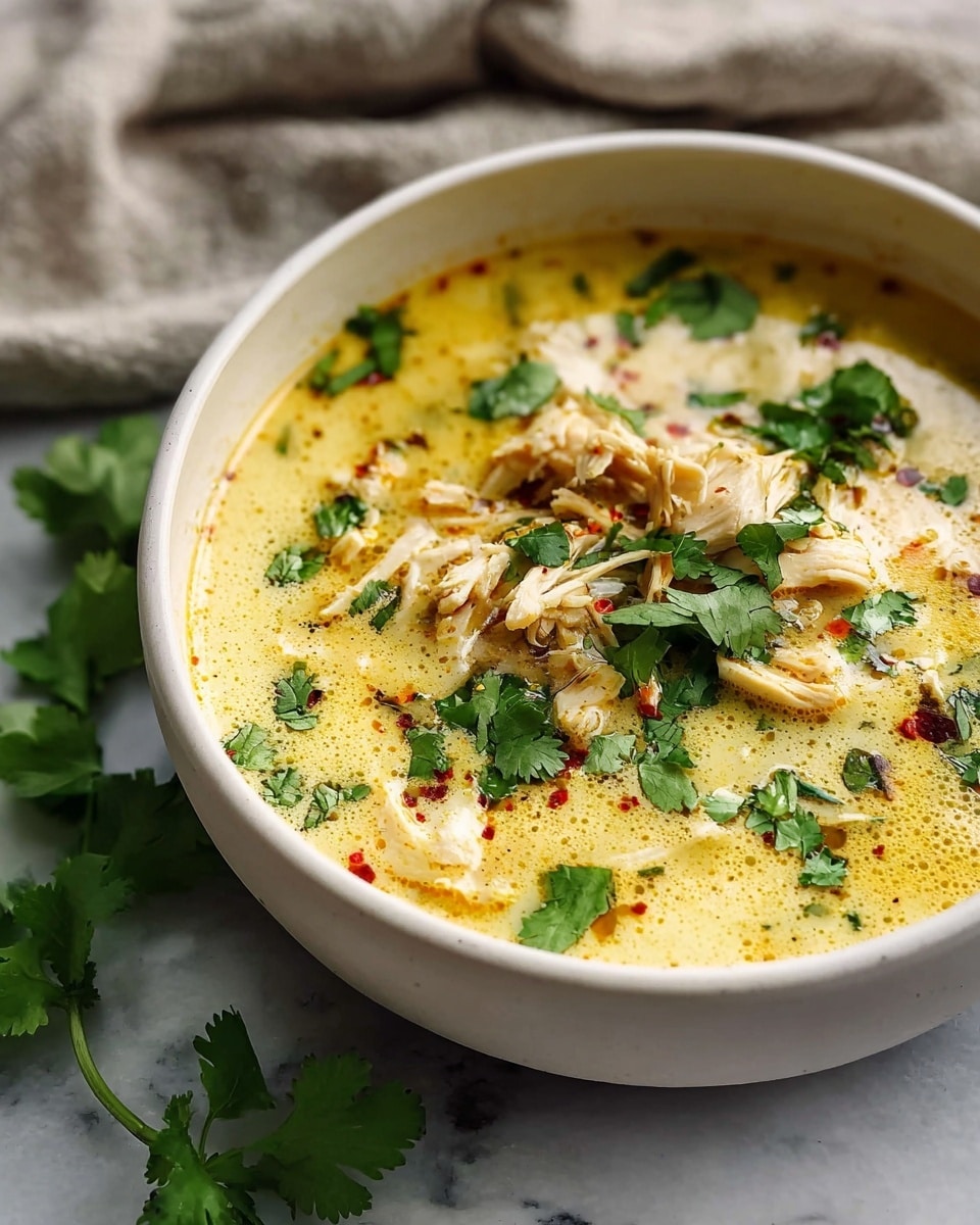 A close-up view of a bowl filled with creamy yellow soup that has shredded pieces of white chicken meat layered in the center, topped with bright green cilantro leaves scattered on top and throughout the soup. The soup's surface has small red chili flakes and oily red spots adding texture and contrast. The bowl is white with a slightly rough, speckled texture and sits on a white marbled surface. There is a beige knitted cloth softly blurred in the background, and fresh green cilantro sprigs lie next to the bowl. photo taken with an iphone --ar 4:5 --v 7