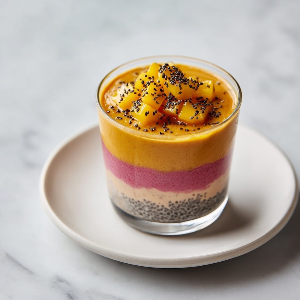 A clear glass cup filled with three visible layers: the bottom layer is smooth and pale pink, the middle layer is a bright yellow/orange thick sauce or puree that slightly drips down the edges, and the top layer consists of small, chopped yellow fruit pieces sprinkled with dark chia seeds. The glass cup is placed on a plain white plate, set against a white marbled surface. Photo taken with an iphone --ar 4:5 --v 7