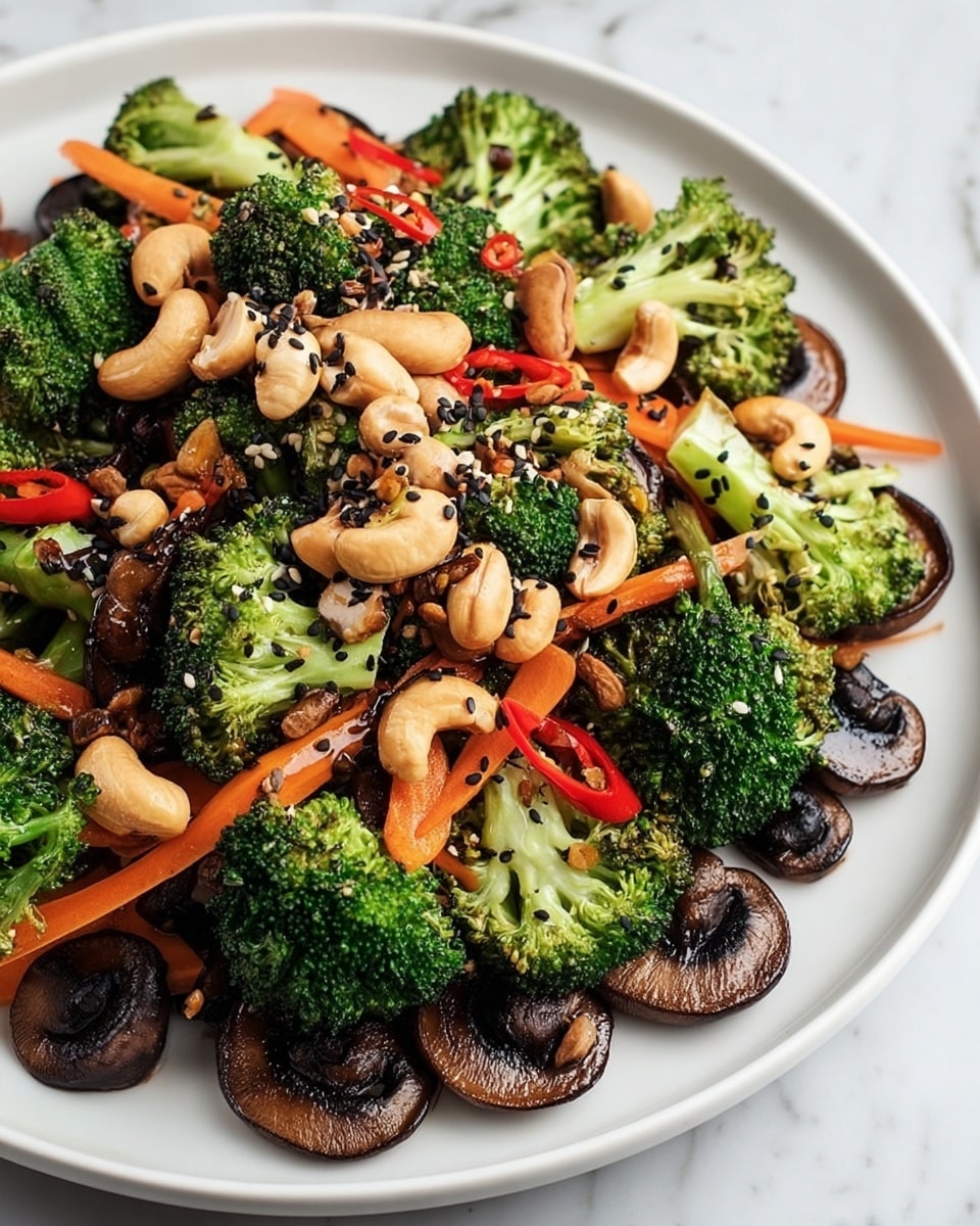 A white plate sits on a white marbled surface filled with a colorful vegetable dish arranged in clear layers. The bottom layer is made of dark brown sliced mushrooms with a smooth texture, slightly glossy. On top of the mushrooms, thin strips of bright orange carrots are spread evenly, adding a slim shape and crunchy look. The main layer consists of large green broccoli florets, some with slightly charred tips, giving a mix of dark and light green colors with a bumpy texture. Scattered across the top are whole light beige cashew nuts, small round slices of bright red chili peppers, and a sprinkling of black and white sesame seeds. The dish has a fresh and vibrant appearance. Photo taken with an iphone --ar 4:5 --v 7