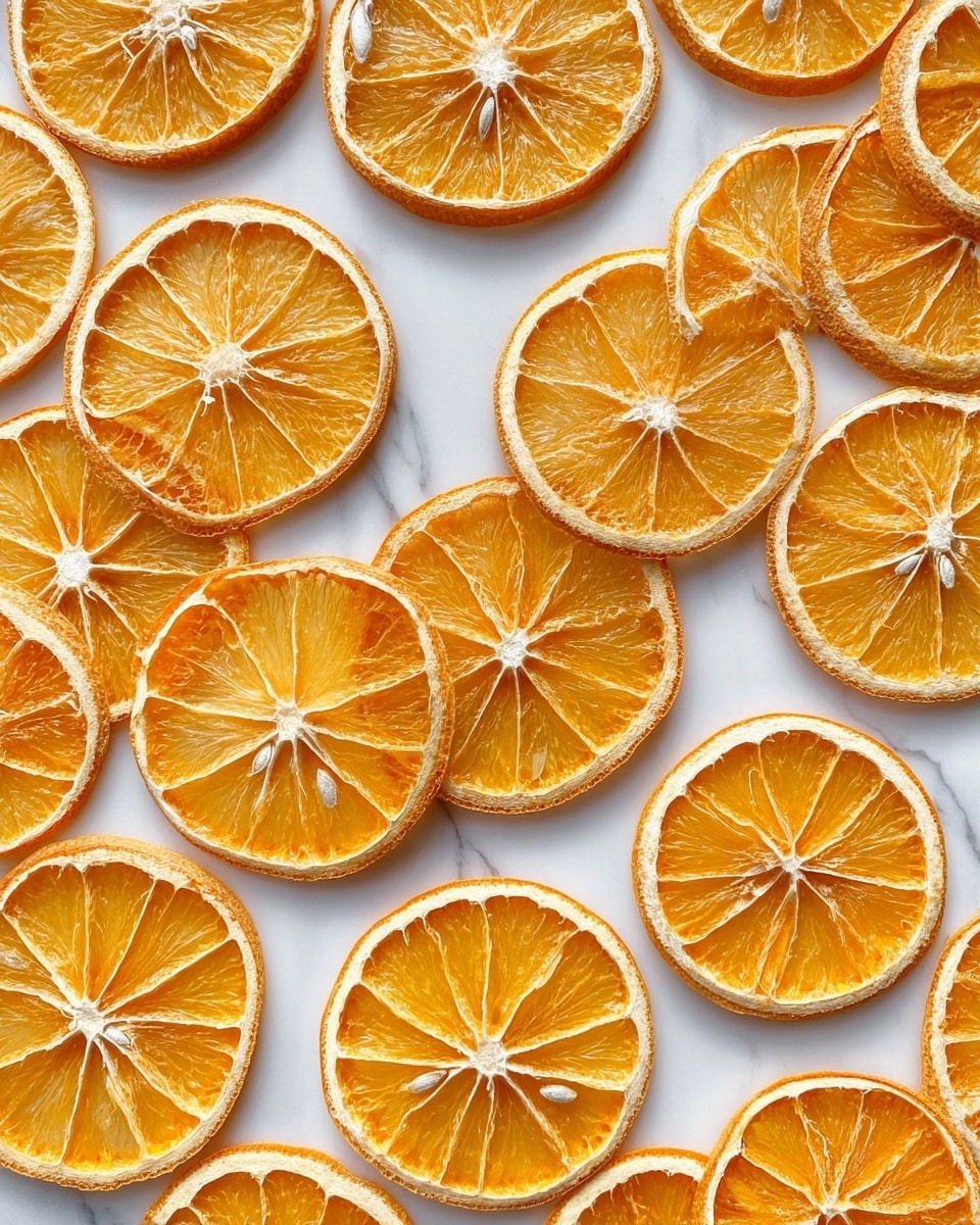The image shows many thin round slices of dried orange arranged neatly in a grid pattern on a smooth white marbled surface. Each slice has a bright, warm orange color with a slightly darker orange rind around the edge. The texture inside the slices is translucent and slightly wrinkled, with visible segments radiating from the center. The oranges are evenly spaced and lay flat, showing no layering but a uniform single layer of slices covering the whole surface. photo taken with an iphone --ar 4:5 --v 7