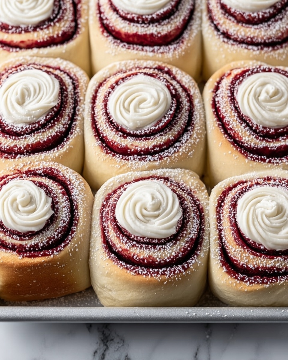 The image shows nine square cinnamon rolls arranged in three rows of three inside a metal baking tray. Each roll has three layers: the base layer is light golden brown soft dough, the middle layer is a bright red swirl of filling, and the top layer is a white spiral of icing. Powdered sugar is lightly dusted on top of and around the rolls, adding a snowy effect. The tray sits on a white marbled surface. Photo taken with an iphone --ar 4:5 --v 7