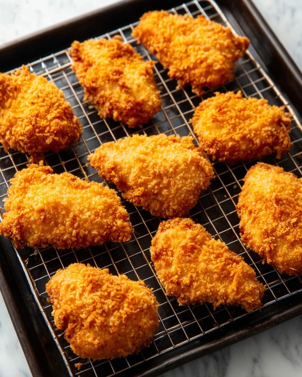 The image shows nine pieces of golden brown, crispy fried chicken placed neatly on a black cooling rack inside a black baking tray. Each piece has a rough, crunchy texture with a bright orange-golden color, indicating a well-fried coating. The pieces are arranged in three rows, with the larger pieces toward the back and smaller ones in the front. The black tray contrasts with the chicken's warm colors, and the whole scene is set on a surface with a white marbled texture. Photo taken with an iphone --ar 4:5 --v 7