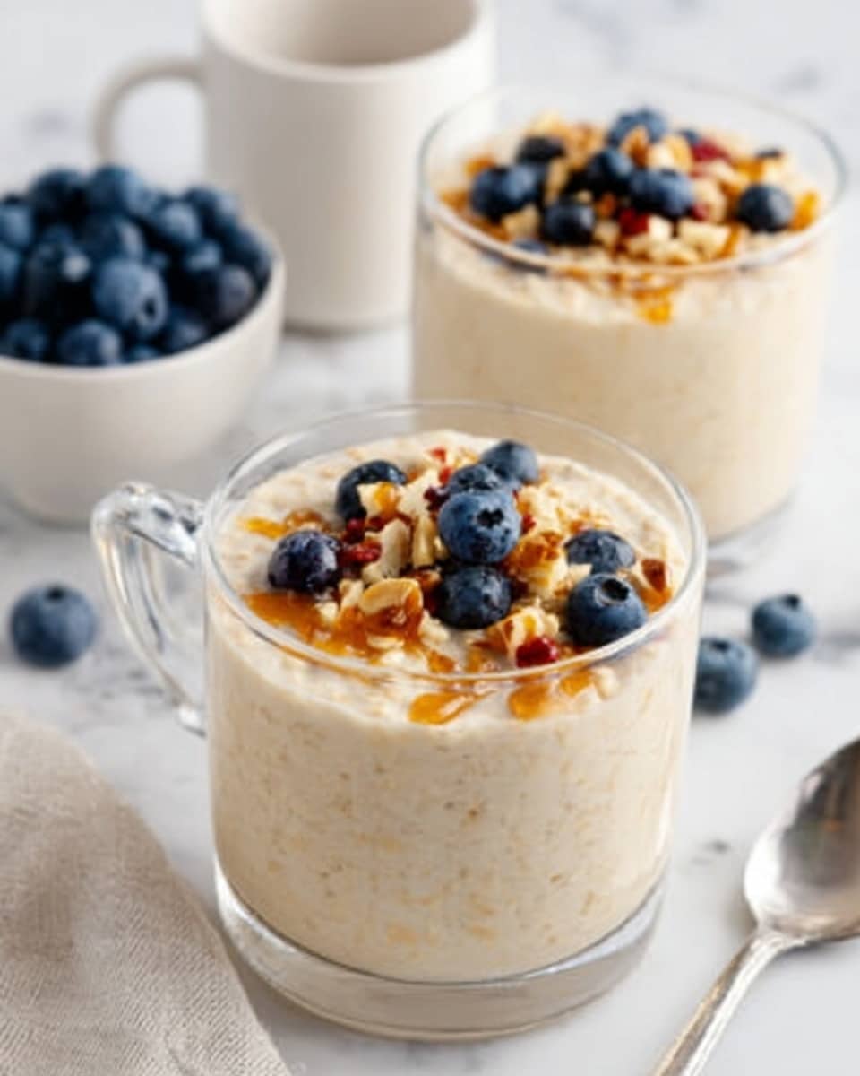 The image shows two clear glass cups filled with creamy oatmeal topped with fresh blueberries, chopped nuts, and small red fruit pieces. The oatmeal is light beige with a smooth texture, while the toppings add a mix of deep blue, brown, and red colors on top. In the background, a small white bowl filled with blueberries and a white mug are placed on a white marbled surface. A white and gray checkered cloth is partially visible on the side. Photo taken with an iphone --ar 4:5 --v 7