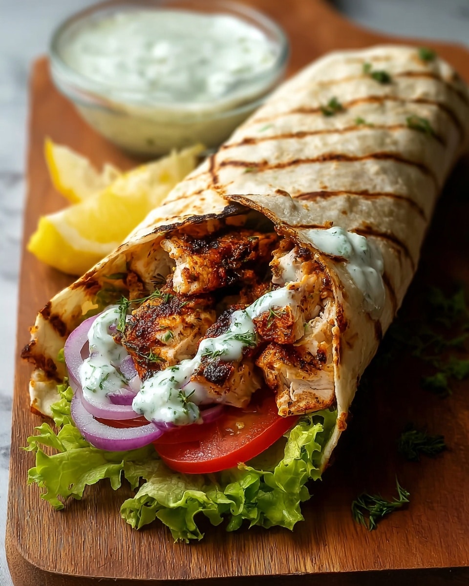 A grilled wrap filled with layers starting from the bottom with fresh green curly lettuce leaves, followed by bright red tomato slices, and thin rings of light purple onion. On top of the vegetables are chunks of golden-brown grilled chicken with slight charring and sprinkled green herbs. A creamy white sauce with green herb bits is drizzled over the chicken. The wrap is lightly toasted with brown grill marks and partly folded over the filling, all resting on a warm wooden board. In the background, there is a clear glass bowl with white sauce and a wedge of yellow lemon. The surface is a white marbled texture. photo taken with an iphone --ar 4:5 --v 7