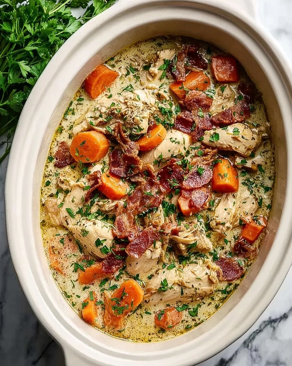 The image shows a white oval ceramic dish filled with a creamy chicken stew. The dish has three main layers: at the bottom is a light creamy sauce with green herbs mixed in, above it are chunks of soft cooked chicken pieces in a pale color, and scattered on top are thick slices of bright orange carrots and small crispy bits of brown bacon. Fresh green chopped parsley is sprinkled evenly over the whole dish, adding a fresh touch. The dish rests on a white marbled textured surface. photo taken with an iphone --ar 4:5 --v 7