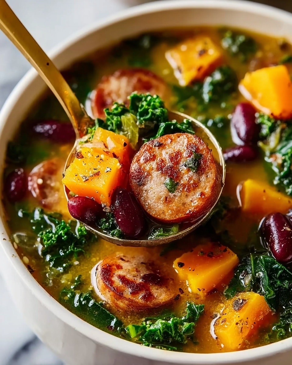 The image shows a close-up of a white bowl filled with a colorful soup. The soup has layers of orange cubes of cooked squash, dark green wilted kale, red kidney beans, and round slices of browned sausage. The broth is clear and golden, with small black pepper specks on the surface. A gold spoon is lifting a slice of sausage, a kale piece, and a cube of squash from the bowl. The soup ingredients look fresh and well cooked, sitting on a white marbled surface. photo taken with an iphone --ar 4:5 --v 7