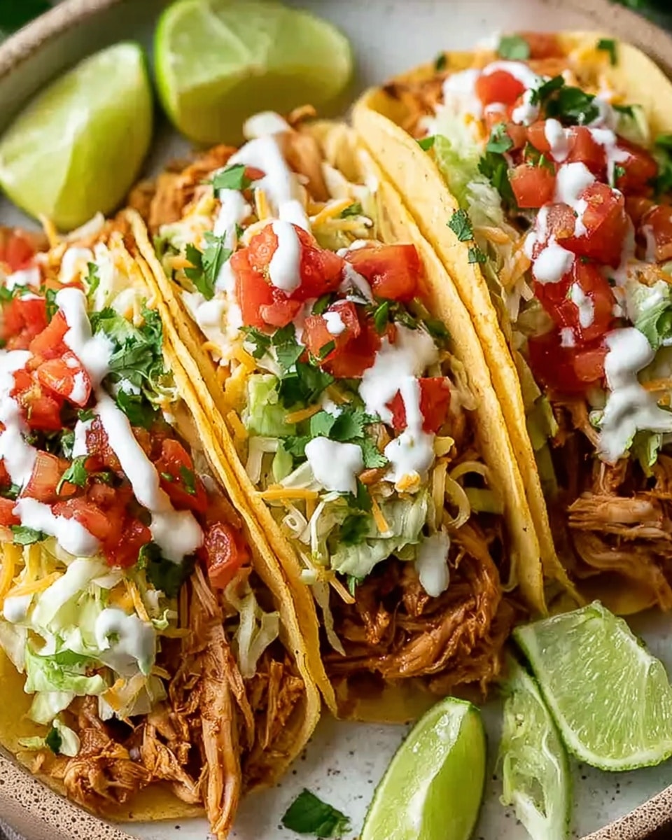 The image shows three soft tacos on a white plate with a speckled edge, placed on a white marbled surface. Each taco has a crispy yellow shell filled with shredded, juicy brown chicken at the bottom. On top of the chicken is a layer of shredded light green lettuce, followed by a mix of red diced tomatoes and bright green cilantro. There is a sprinkle of shredded yellow and white cheese over the lettuce and chicken, and a white drizzle of creamy sauce on the top layer. In the background, there are a few lime wedges adding a fresh green color contrast. Photo taken with an iphone --ar 4:5 --v 7
