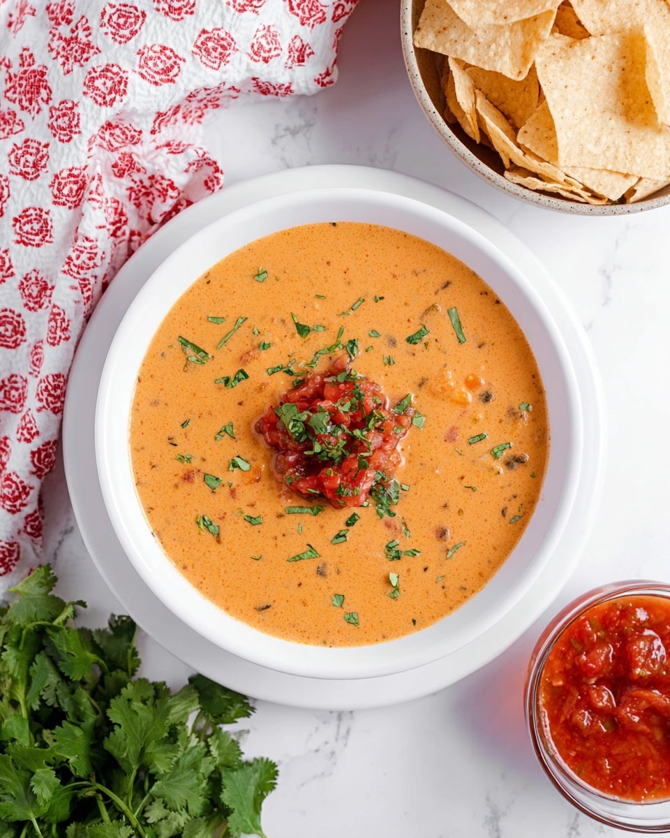 A white bowl filled with creamy, orange cheese dip with small pieces of vegetables visible in the sauce. On top, there is a dollop of red salsa and some green chopped herbs sprinkled around. To the right, a white bowl holds triangular beige tortilla chips. At the bottom left, fresh green cilantro leaves lay scattered on the white marbled surface. A small glass bowl with chunky red salsa sits in the top left corner, and a red and white patterned cloth is positioned around the bowls. Photo taken with an iphone --ar 4:5 --v 7