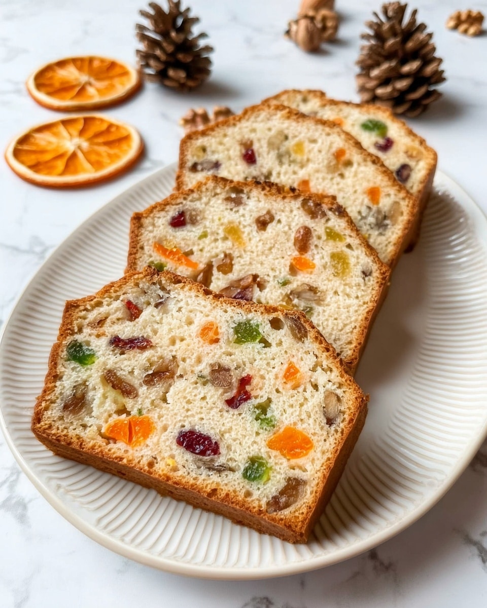 The image shows three slices of fruit and nut cake stacked slightly overlapping on a white plate with a subtle pattern. Each slice has a light brown crust and a beige inside dotted with colorful pieces of green and red candied fruit, bright orange segments, and dark walnut pieces scattered evenly throughout. The background surface is a white marbled texture, decorated with dried orange slices and two brown pine cones placed behind the plate. Photo taken with an iphone --ar 4:5 --v 7