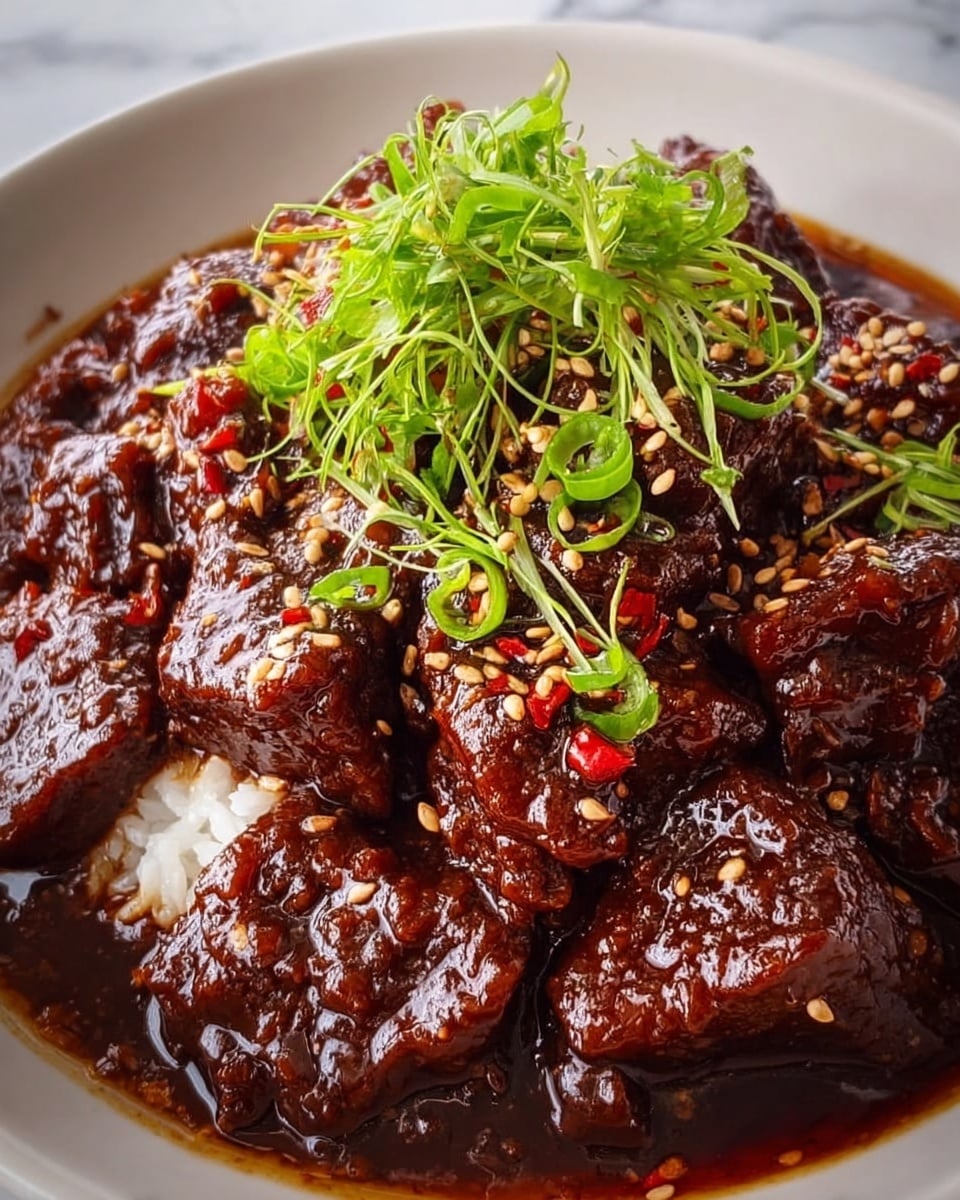 The image shows a dish with three visual layers on a white plate set on a white marbled surface. The bottom layer is white rice, mostly hidden but visible around the edges. The middle layer consists of dark brown glazed pieces of meat covered in a thick, shiny sauce with a sticky texture. The top layer includes bright green thinly sliced scallions scattered across the meat and a small bunch of delicate, leafy greens placed in the center. The meat is sprinkled with light-colored sesame seeds and some small red specks, likely chili flakes. Photo taken with an iphone --ar 4:5 --v 7