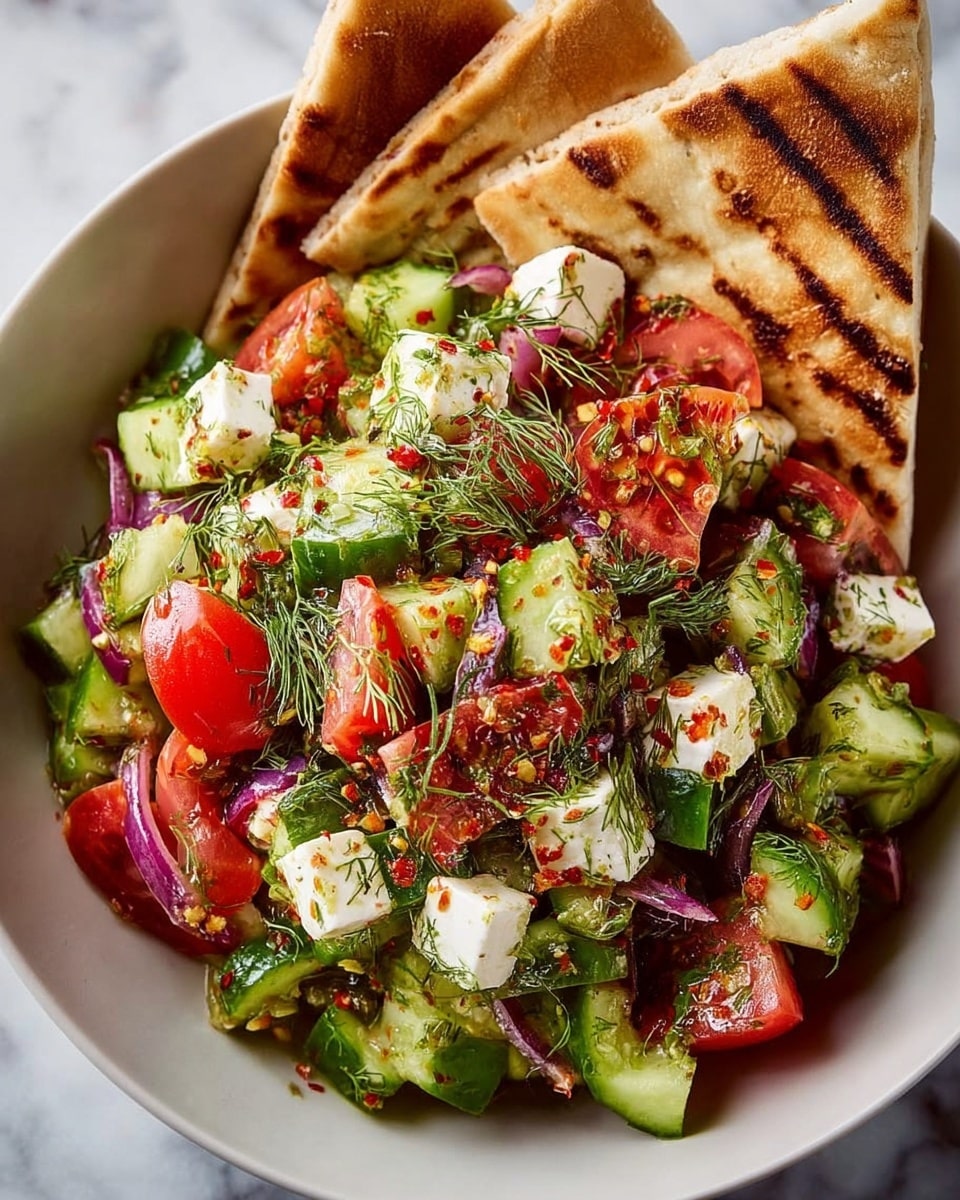 A close-up view of a fresh salad served in a white bowl, showing chunky layers of green cucumber cubes, bright red tomato pieces, and white feta cheese cubes mixed evenly with thin slices of purple onion and fresh green herbs scattered on top. The salad is coated with visible small red and black seasoning flakes. Behind the salad, three triangular grilled pita pieces with brown grill marks are placed upright inside the bowl. The scene is set on a white marbled surface. Photo taken with an iphone --ar 4:5 --v 7