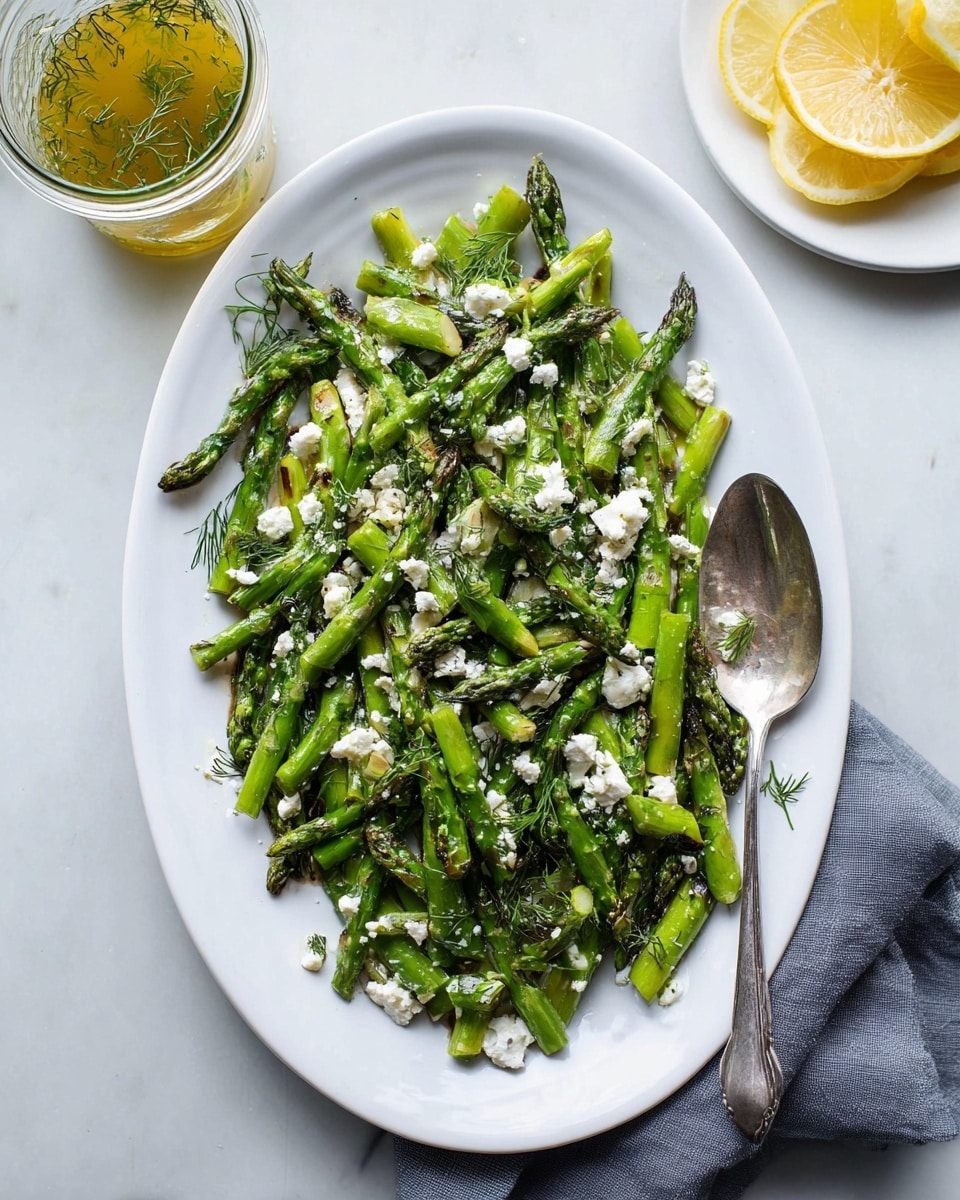 A white oval plate holds a bright green asparagus salad composed of chopped asparagus pieces with slightly charred tips, mixed with small bits of pink shallots and sprinkled with crumbled white cheese evenly over the top. A silver spoon rests on the right side of the plate, partially under the salad. To the top left of the plate, there is a glass jar filled with a golden yellow dressing containing green herbs. In the top right corner, a small white round dish holds three thin lemon slices arranged in a fan. The plate is set on a soft, folded gray cloth over a white marbled surface. photo taken with an iphone --ar 4:5 --v 7