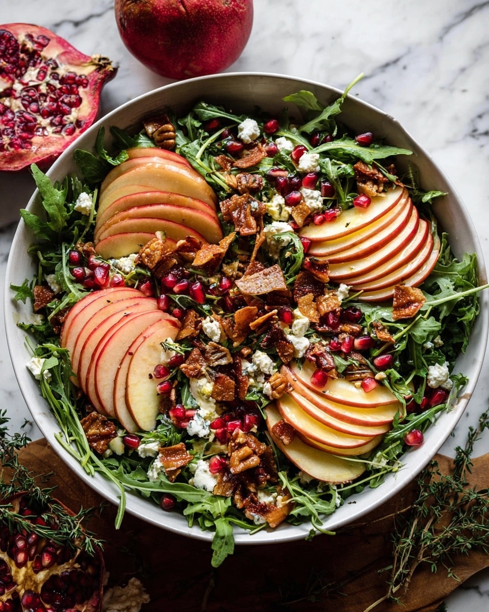 A large white bowl filled with a fresh salad sits on a white marbled textured surface. The base layer is made of dark green arugula leaves spread evenly inside the bowl. On top, there are several groups of thinly sliced red apples arranged in curved layered rows, showing the red skin and pale flesh. Bright red pomegranate seeds are sprinkled across the salad, adding small spots of color. Scattered toasted pecans and pumpkin seeds with a shiny glaze add a crunchy texture, while small crumbles of white cheese are spread lightly over the top. Thin slices of dried fruit add a touch of brown and orange. Next to the bowl, a cut pomegranate half shows deep red seeds glowing against the white seeds, resting on a small white plate with a sprig of green herbs beside it. Photo taken with an iphone --ar 4:5 --v 7